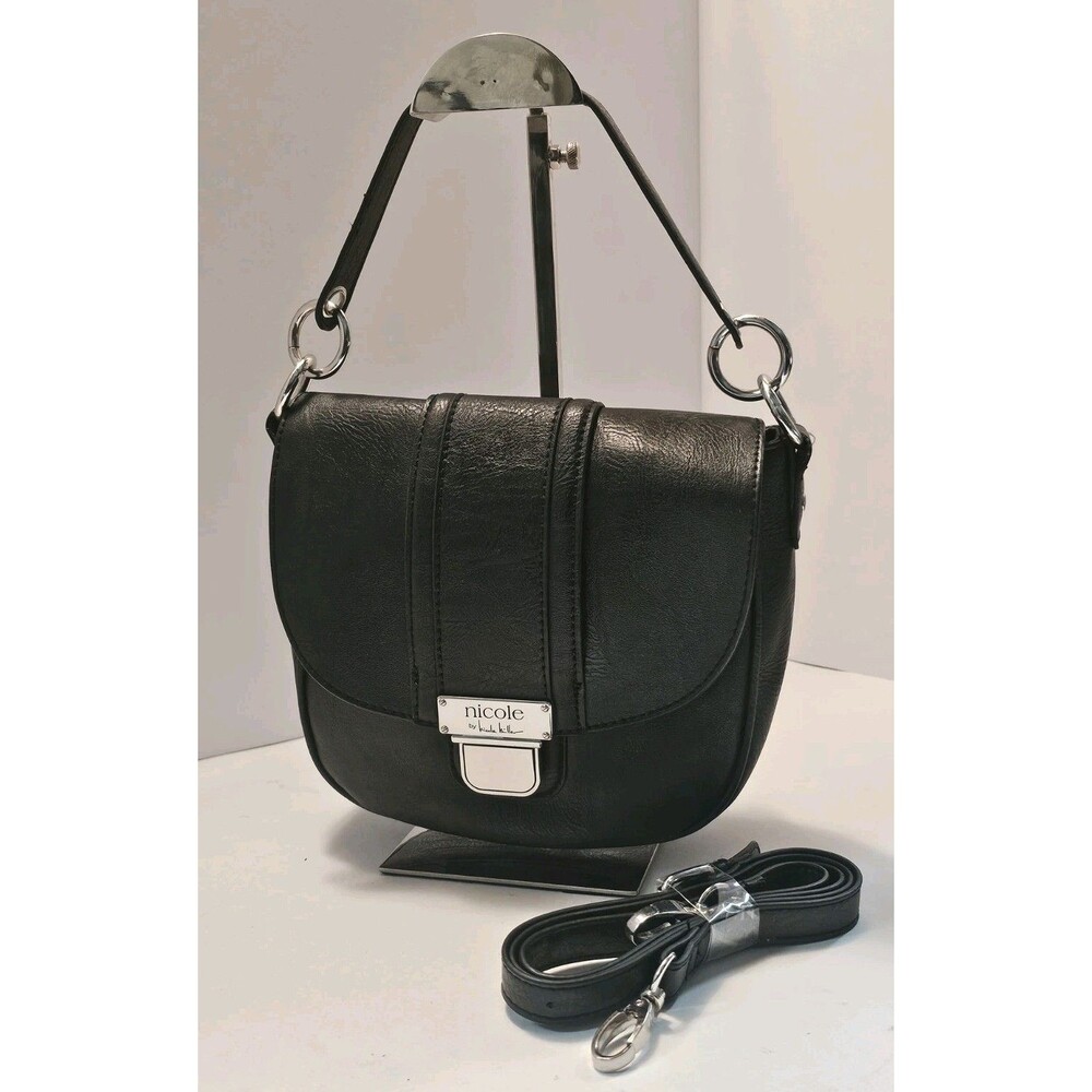 Nicole Miller Black Crossbody Bag Saddle Purse Vegan Leather Small Messenger EUC - Picture 2 of 15
